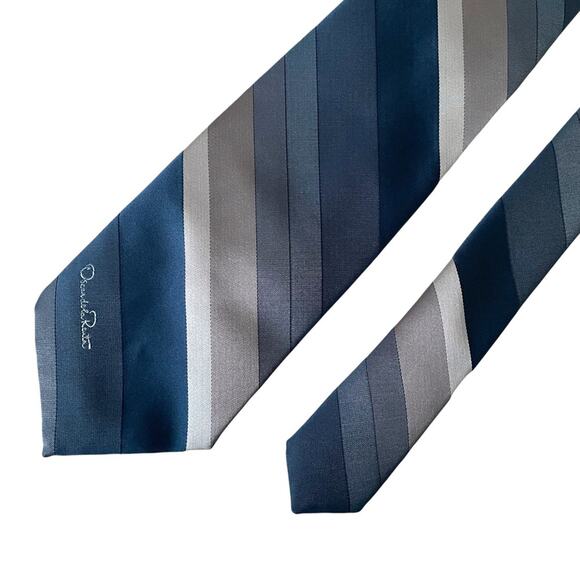 Oscar de la Renta Vintage Tie Silk Blend Gray Blue Stripe Made in USA EUC - Picture 6 of 6
